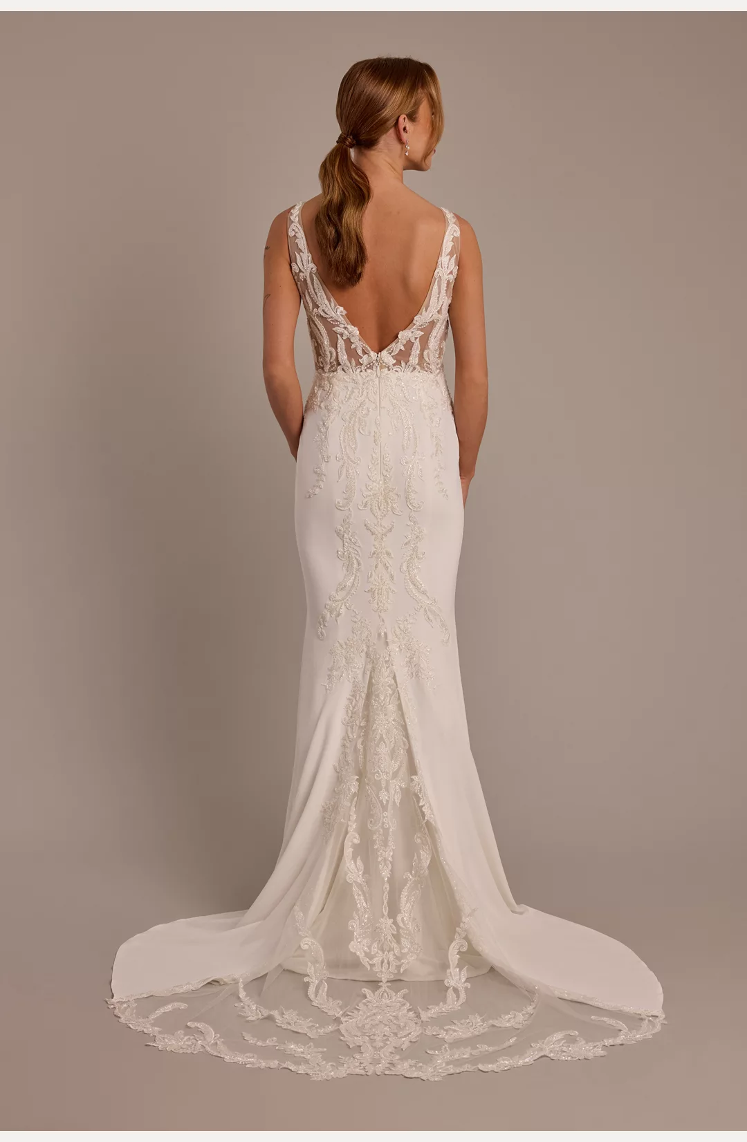 Illusion Lace Bodice Crepe Tank Wedding Dress STYLE# SWG983